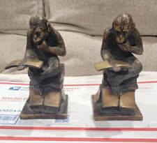 Brass Monkey Chimp Chimpanzee Reading Book The Thinker Figure Statue Bookend Set picture