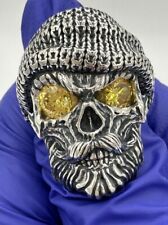 Custom 3D 925 Sterling Silver Head Scarf Skull Ring With Yellow CZ Eyes Sz -9 picture