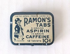 RAMON'S TABS 5 GRAINS ASPIRIN, 1/4 GRAIN CAFFEINE 10¢ TIN WITH CONTENTS picture