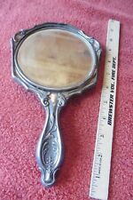 Antique Edwardian Sterling Silver Hand Mirror Vintage round beveled Floral Roses picture