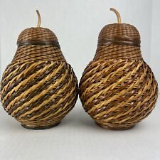 Lot Of 2 1970's Pear Shape Ceramic Vessel Wrapped In Hand Woven Wicker MCM Retro picture
