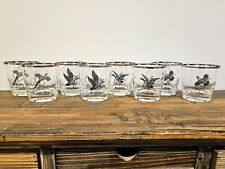 Vintage Federal Glass GameBird Lowball Whiskey Glasses With Silver Rims Set Of 8 picture