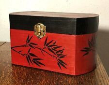 Wood Box Hand Painted Red Black Bamboo Jewelry Memory 7.25 