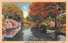 Greetings From Union City Michigan Lake Scene w/ Boat Linen 1940s Postcard picture