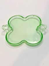 Vintage Depression Green Vaseline Uranium Glass 4 Leaf Clover Candy Dish Handles picture