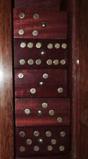 VINTAGE 1940s Handmade Wood & Inlaid Silver Studded Domino Set 28pc Mahogany Box picture