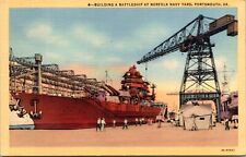 Linen Postcard Building a Battleship at Norfolk Navy Yard in Portsmouth Virginia picture