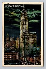 New York City NY-Woolworth Building At Night, Skyscraper, Vintage Postcard picture