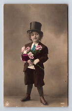 RPPC Studio Portrait of Boy in Tophat Tuxedo Flowers Real Photo Postcard picture