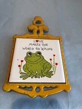 VINTAGE Love Makes the World Go Round Frog Cast Iron Tile Trivet #F7 picture