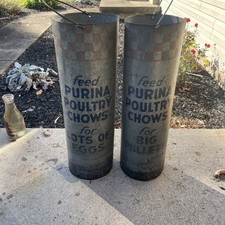 2 PURINA POULTRY CHOWS Tube Feeder Feed Seed Farm Advertising Sign vintage picture