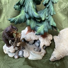 Polar Bear W Black Bear Pine Tree Figurine Statue Rustic Wildlife Decor 1 Flaw picture