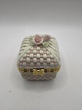 Vintage Levante Woven Porcelain Triangle Lidded Trinket Box Pink Roses picture