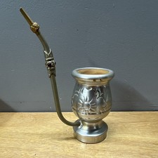 Argentina Yerba Mate Cup Silver Toned Bombilla Straw  With Sun Design picture
