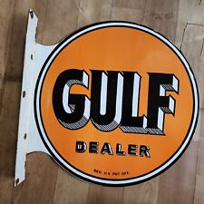 GULF DEALER FLANGE 2 SIDED PORCELAIN ENAMEL SIGN 17 1/2 X 17 INCHES picture