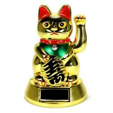 SOLAR POWER BECKONING CAT Gold Lucky Waving Kitty Maneki Neko Wealth Fortune picture
