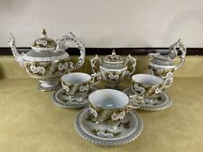 Complete Tea Set. Roses on Sage Green & White w/Gold Accents, Footed, Victorian picture