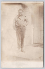 Vtg RPPC Post Card Sharp Dressed Man on Porch D403 picture