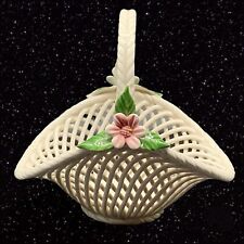 Vintage Levante Lattice Basket Pink Flower Made In Italy Porcelain 3.5”T 5”W picture