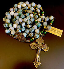 Semi Precious Green & White Moss Tree Agate Stone Rosary Pardon Crucifix Tag picture