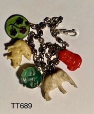 Vintage 5 Charm Bracelet Carved Elephant Glass Moon Mating Pigs Celluloid  picture