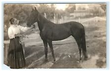 Woman Holding Horse Stratford NY New York Early Postcard RPPC F.O. Dodge - Torn picture