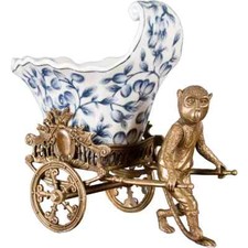 10"H Porcelain Ricksaw Monkey Bronze Pulling Cart Basin Planter Ormolu picture