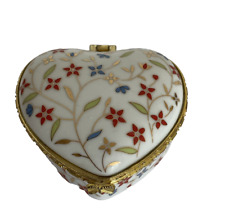 Vintage Heart Shaped Golden Trinket Box Porcelain Multicolor Floral Gold Trim picture