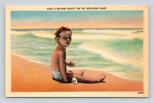 Antique Postcard Sun Bathing Beauty Southern Coast Ocean Beach Little Girl 1940s picture