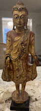 Buddha Thai statue wood carved gold gilt polychrome glass jewels antique vtg picture