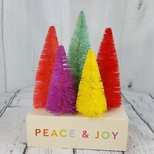 Peace & Joy Rainbow Colors Bottle Brush Trees Wood Block Shelf Christmas Decor picture