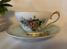 sovereign house Bone China Made In England Green With Pink Roses Cup & Saucer picture