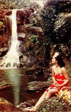 Native Young Hawaiian Woman Waterfalls Flowers  Vintage Postcard Hawaiian picture