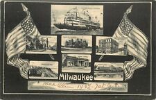 Undiv. Back Multiview Postcard Greetings from Milwaukee WI Scenes & US Flags picture