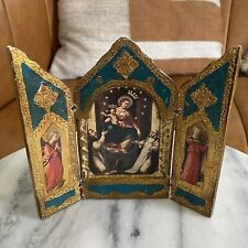 Vintage Italian Florentine Triptych Mary Jesus Gilt Folding Icon  picture