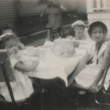 Vtg. 1945 Picnic Kids Table Eating Cake Outside Found Photo 40s Family Children picture