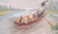1910s Anthropomorphic Rabbits Boat A/S Boulanger Vintage Fantasy Easter Postcard picture