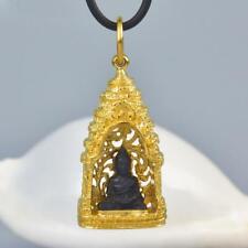 Buddha Image Gold Vermeil Sterling Pagoda Black Tektite Pendant Amulet 15.74 g picture