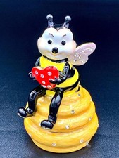 Enamel Bee Trinket Box Holding Red Heart on Crystal Beehive picture