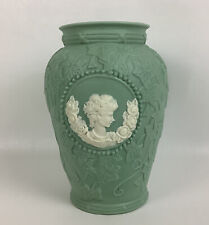 Vintage Vase Green JTS jasperware 3-D Lady Roses Cameo ivy  8