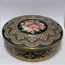 Vintage 1970s Beautiful Faux Bead Basket Round Dutch Floral Cookie Tin Holland picture