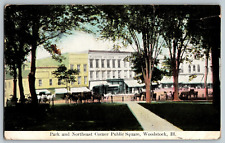 Woodstock, Illinois - Park & Northeast Corner Public Square - Vintage Postcard picture