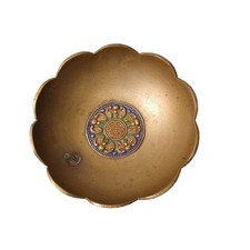 Vintage Chinese Scalloped Brass Bowl Dish Enamel Longevity Medallion Footed 4.5" picture