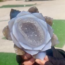 480G Natural GEODE Agate Hand Carved Lotus Quartz Crystal Reiki Healing Gift picture
