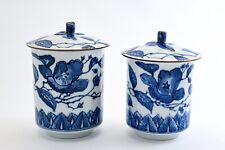 VTG Japanese Handmade Pair YUNOMI Teacup w/Lid Blue & White Camellia Seto Ware picture
