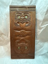 Maori Wood Carving Handshake NZ Paua Shell Inlay Totara Wall Plaque VTG 18x9 picture