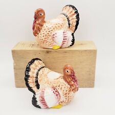 Vtg Hand Painted Turkey Pillar Candle Holders Ceramic Thanksgiving Bird Autumn picture