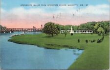 Linen PC * Wisconsin Scene at Stephenson Island Interstate Bridge Marinette 1947 picture