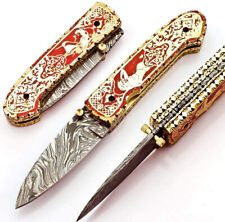 Fully Handmade & Hand Engraved Brass and Damascus Steel LE Folding Knife picture