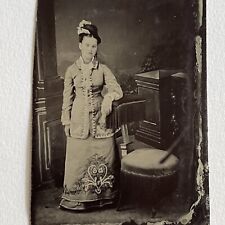 Antique Tintype Photograph Beautiful Young Woman Gorgeous Embroidered Dress picture